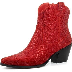 Women Red-ankle Rhinestone Mid Calf Pointed Toe Pull-On Sparkly Block Heel Boots